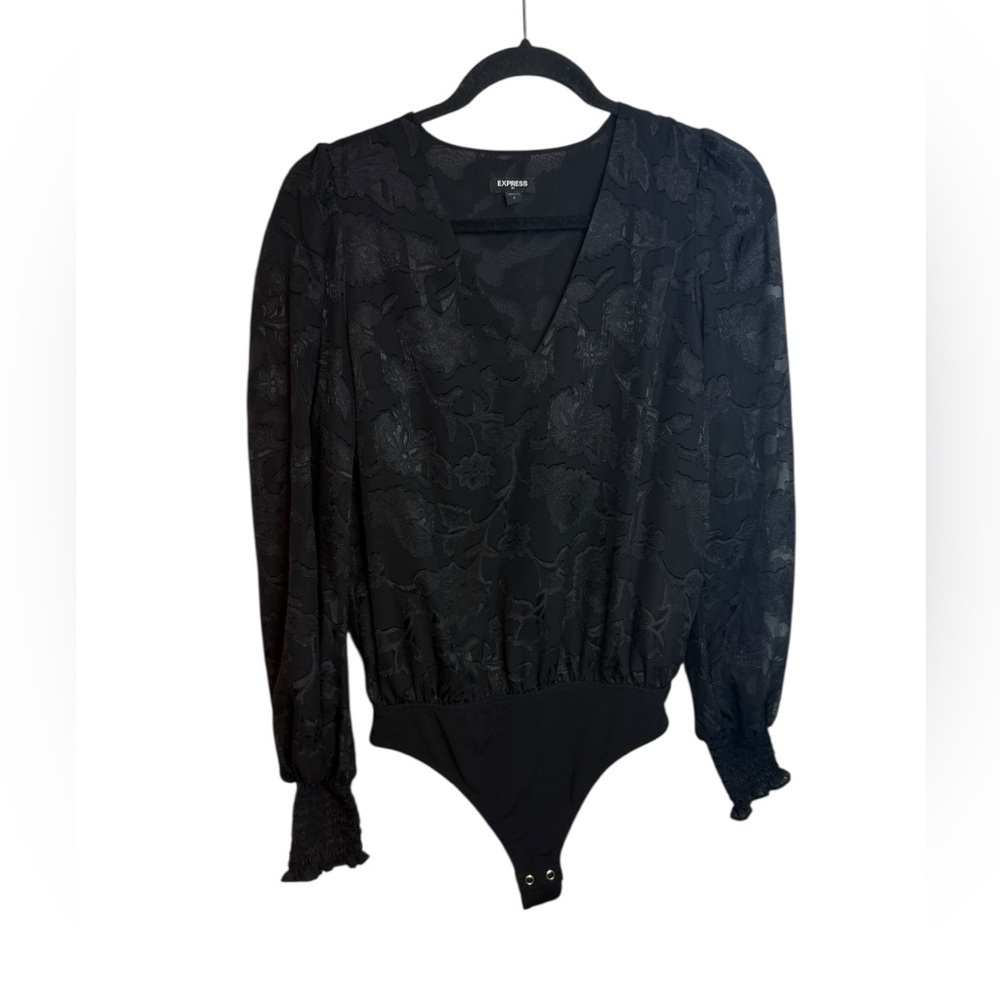 Express Black Floral Textured Long Sleeve Bodysuit